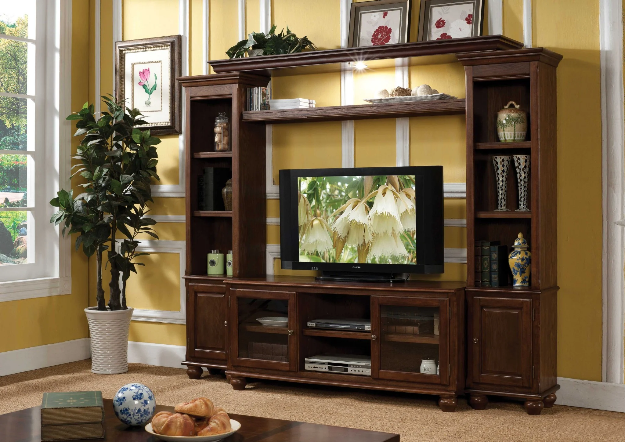 Walnut Wood Glass (TV Stand) TV Stand By Homeroots - Image 2